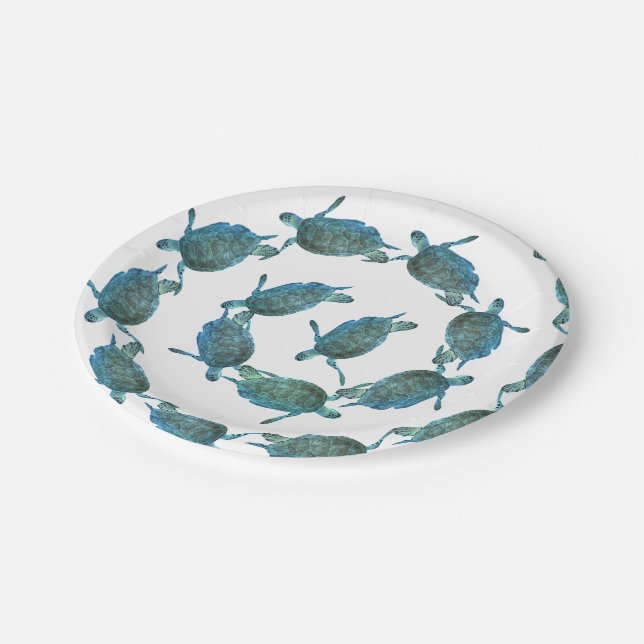 Aquamarine Blue Sea Turtles Ocean Eleganter Strand Pappteller (Schrägansicht)