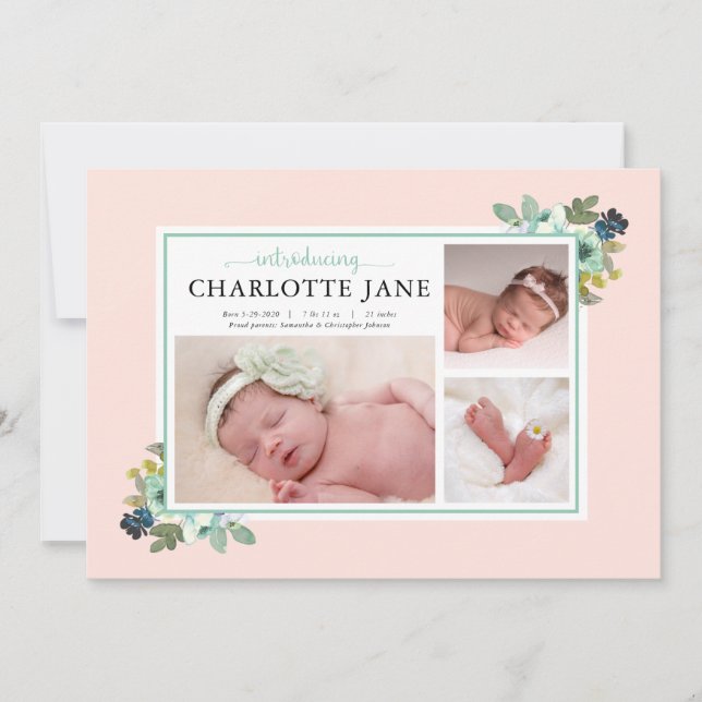 Aquamarine Blume Baby Foto Collage Geburtsankündig Ankündigung (Vorderseite)