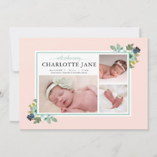Aquamarine Blume Baby Foto Collage Geburtsankündig Ankündigung