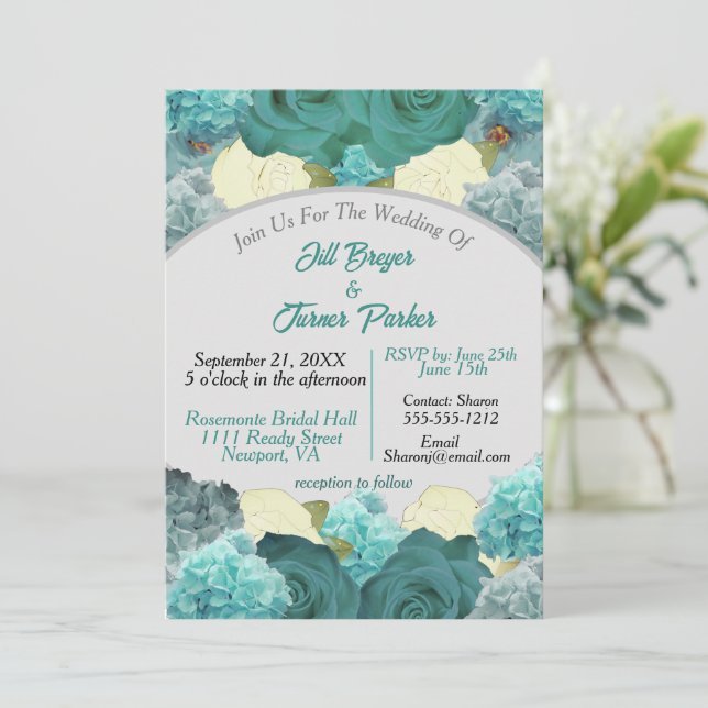 Aquamarine Blume und Rose Hochzeitsfeier Einladung (Stehend Vorderseite)