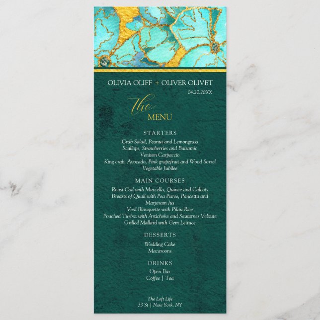 Aquamarine Blume Yellow Gold Emerald Wedding Menu  Menükarte (Vorderseite)