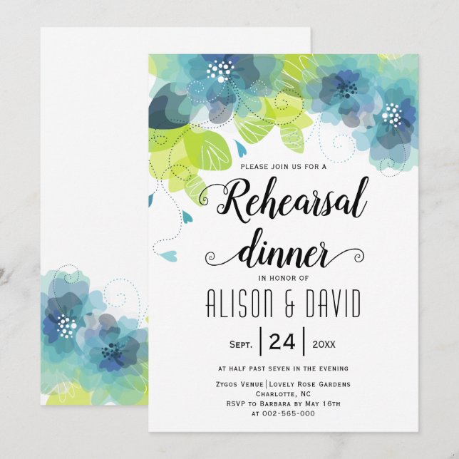 Aquamarine Blumen Hochzeitsessen Probe Einladung (Vorne/Hinten)