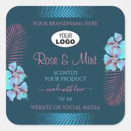Aquamarine Blumenbezeichnungen Rosa Palm-Blätter L Quadratischer Aufkleber