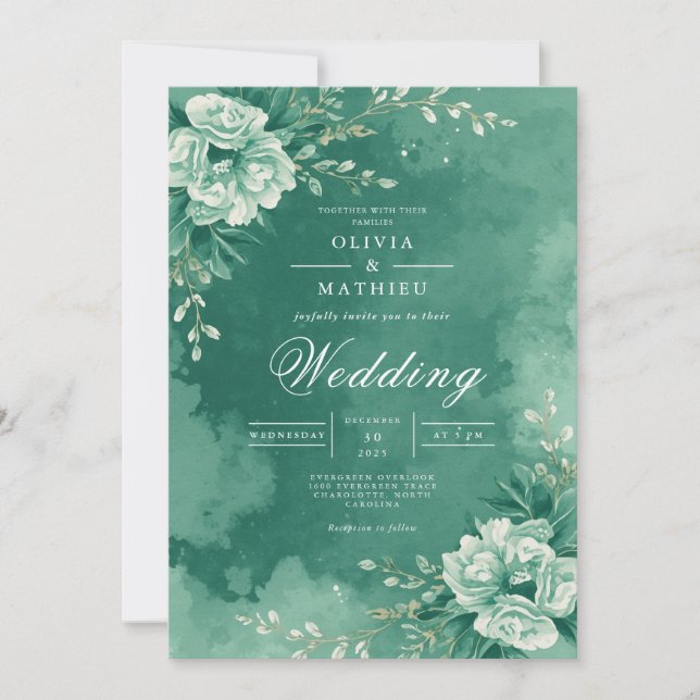 Aquamarine Blumenhochzeit Blühend Einladung (Vorderseite)