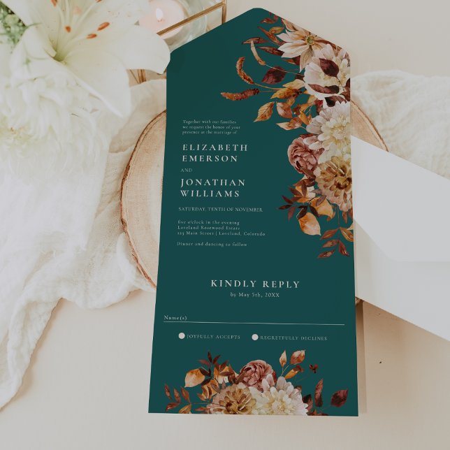 Aquamarine Blumenhochzeit in einer Einladung (Watercolor Teal Floral Wedding All In One Invitation by Painted Paperie
)