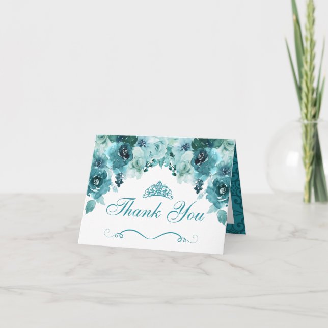 Aquamarine Blumenquinceanera Danke-Karte Einladung (Vorderseite)