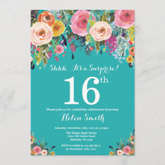 Aquamarine Blumenüberraschung 16. Geburtstag Einla Einladung