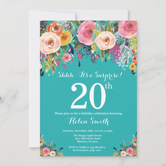 Aquamarine Blumenüberraschung 20. Geburtstag Einla Einladung (Vorderseite)