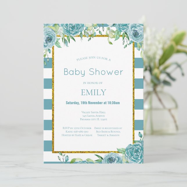 Aquamarine Blüteneinladung, Bridal, Baby  Einladung (Stehend Vorderseite)
