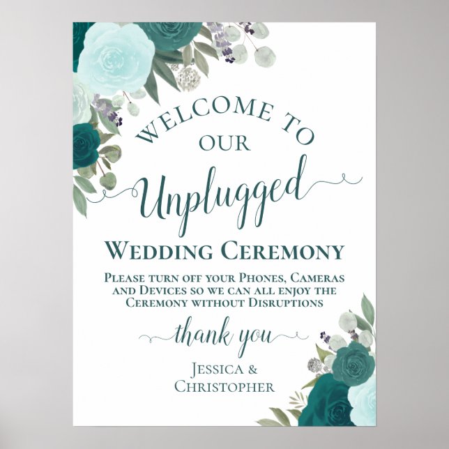 Aquamarine Boho Chic Floral Unplugged Hochzeitsfei Poster (Vorne)