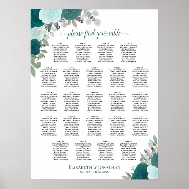 Aquamarine Boho Floral 23 Tabelle Hochzeitskarte Poster (Vorne)
