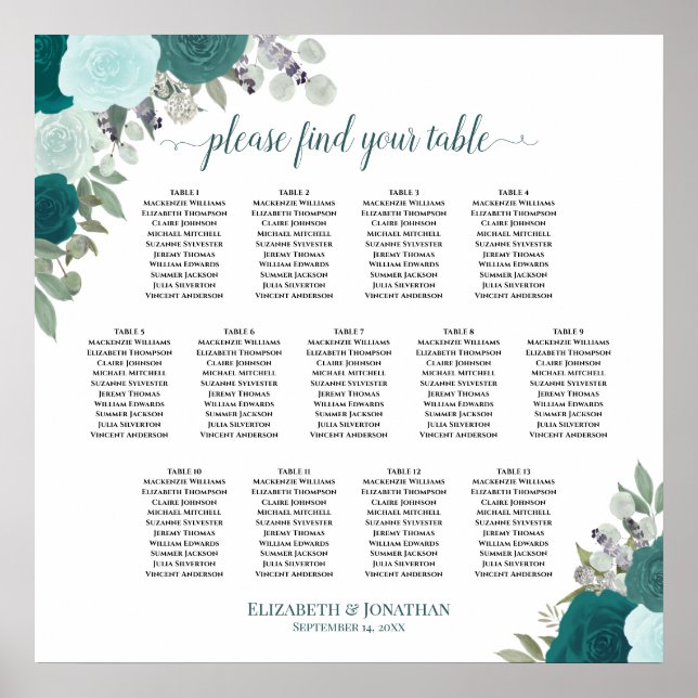 Aquamarine Boho-Rose 13 Tabelle Hochzeitsdiagramm Poster (Vorne)