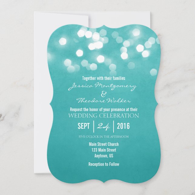 Aquamarine Bokeh Glitzer Lights Hochzeit Einladung (Vorderseite)