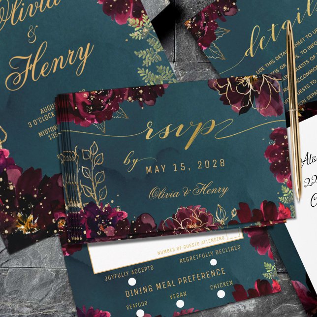 Aquamarine Bordeaux Jewel Tone Hochzeitsmahlzeit U RSVP Karte (Von Creator hochgeladen)