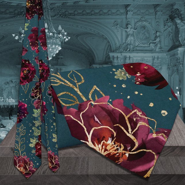 Aquamarine Bordeaux Jewel Tones Gold Wedding Krawatte (Teal Bordeaux Jewel Tones Gold Wedding Tie )
