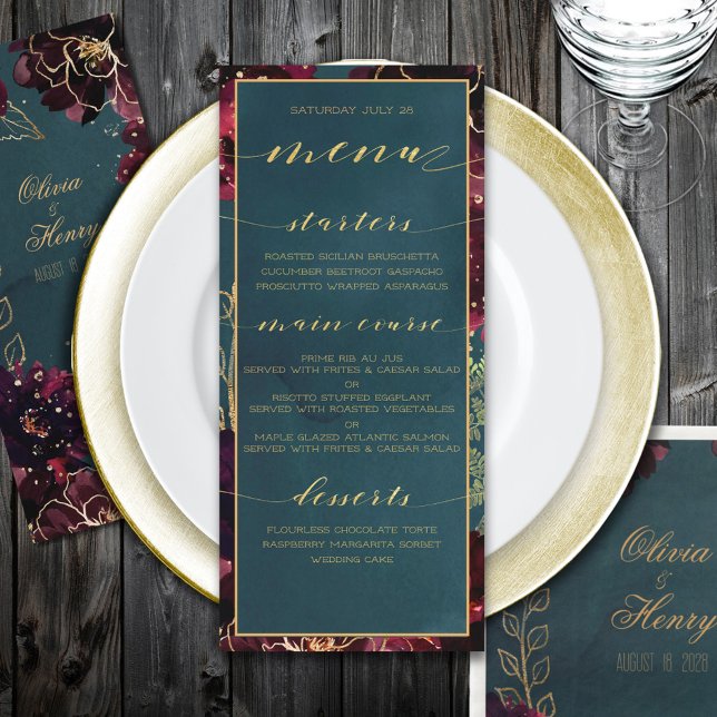 Aquamarine Bordeaux Jewel Tones Wedding Gold Menükarte (Teal Bordeaux Jewel Tones Wedding Gold Menu)