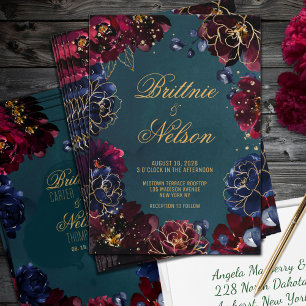 Aquamarine Bordeaux Sapphire Jewel Tone Gold Weddi Einladung