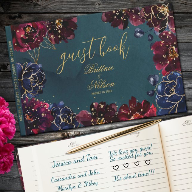 Aquamarine Bordeaux Sapphire Jewel Tone Gold Weddi Gästebuch (Teal Bordeaux Sapphire Jewel Tone Gold Wedding Guest Book)