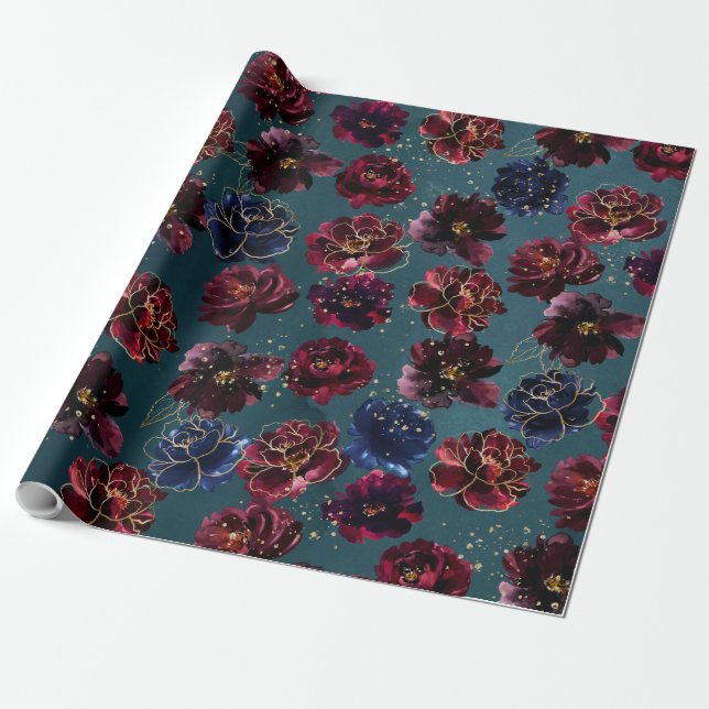 Aquamarine Bordeaux Sapphire Jewel Tone Gold Weddi Geschenkpapier (Ungerollt)