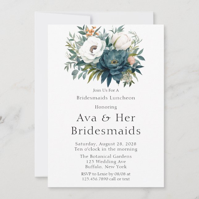 Aquamarine Botanische Blumenperse Bridesmaids Lunc Einladung (Vorderseite)