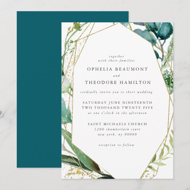 Aquamarine Botanische Moderne Elegante Hochzeit Einladung (Vorne/Hinten)
