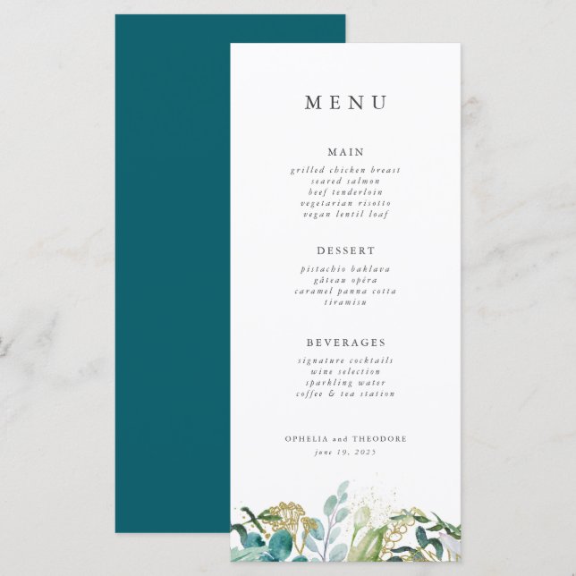 Aquamarine Botanische Moderne Elegante Hochzeit Menükarte (Vorne/Hinten)