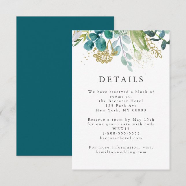 Aquamarine Botanische Moderne Elegante Hochzeitska Begleitkarte (Vorne/Hinten)