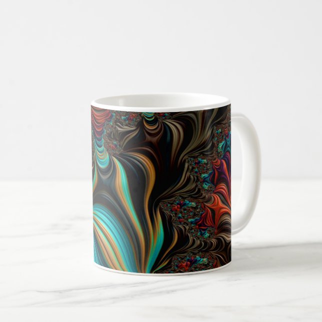 Aquamarine, braune und orangefarbene Fraktal Kunst Tasse (VorderseiteRechts)