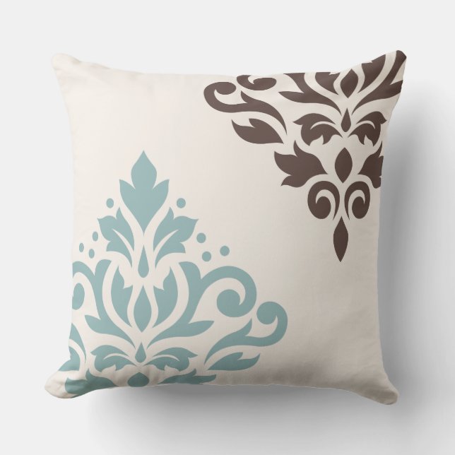 Aquamarine Brown Creme der Rolle-Damast-Kunst-I Kissen (Vorderseite)