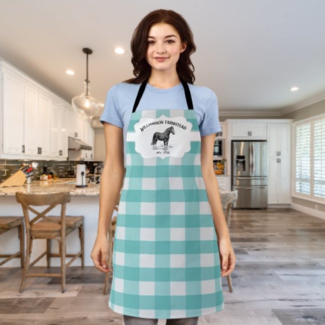 Aquamarine Buffalo Kariert Farm Horse Schürze (Teal Buffalo Plaid Farm Horse Personalized Apron)