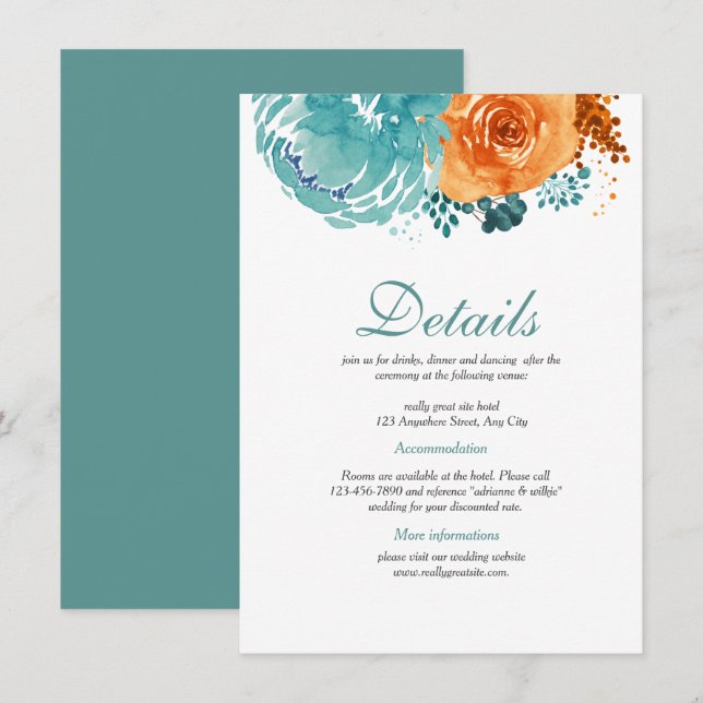 Aquamarine Bunrt Orange Hochzeit im Herbst Details Begleitkarte (Vorne/Hinten)