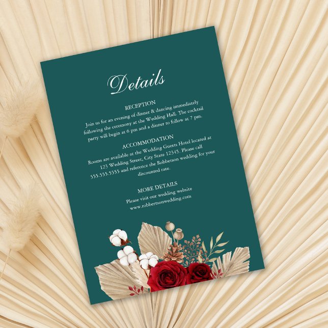Aquamarine Burgund-Rose Hochzeitskarte Einladung (Teal and Burgundy Wedding Detail Card template on dry palm leaf.)