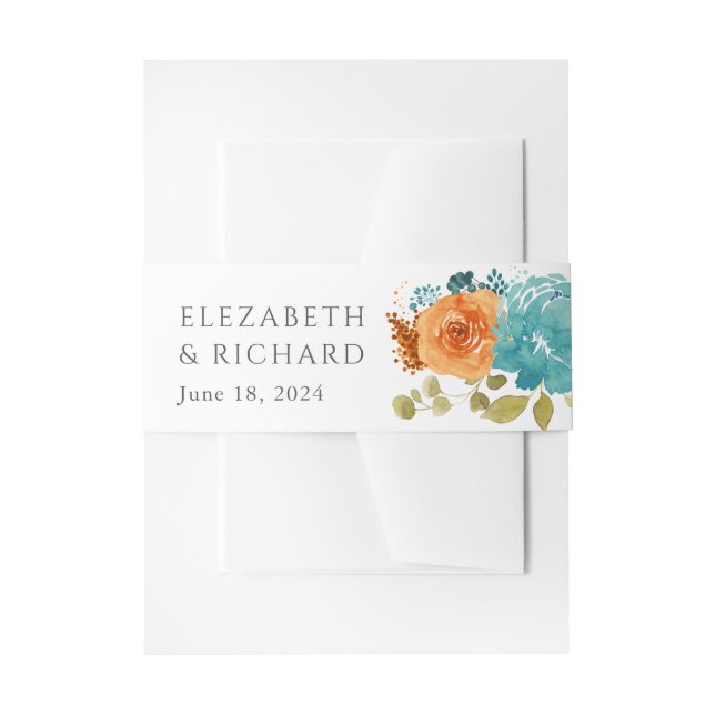 Aquamarine Burnt Orange Fall Floral Wedding Einladungsbanderole (Vorderseite Beispiel)
