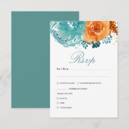 Aquamarine Burnt Orange Fall Floral Wedding RSVP Karte