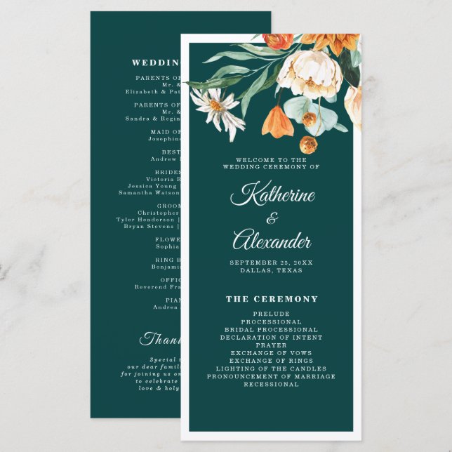 Aquamarine Burnt Orange Floral Elegante Script Hoc Programm (Vorne/Hinten)