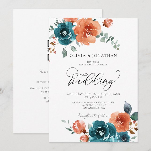 Aquamarine Burnt Orange Rustic Fall Floral Hochzei Einladung (Vorne/Hinten)