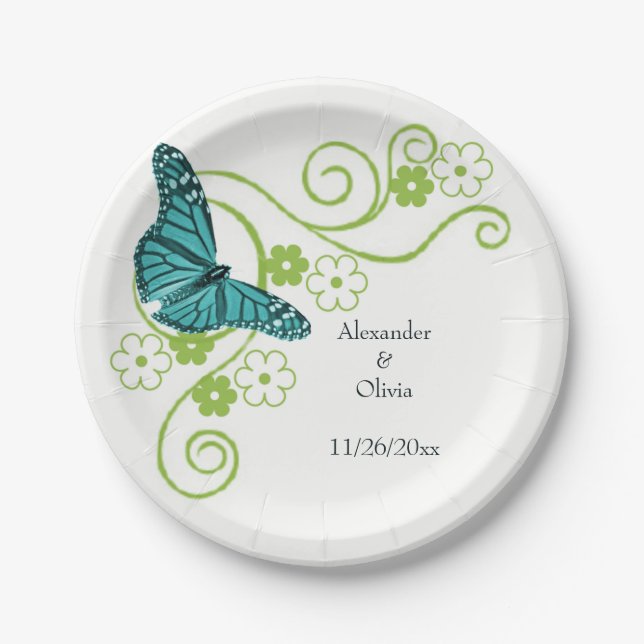 Aquamarine Butterfly-Brautparty-Papierplatte Pappteller (Vorderseite)