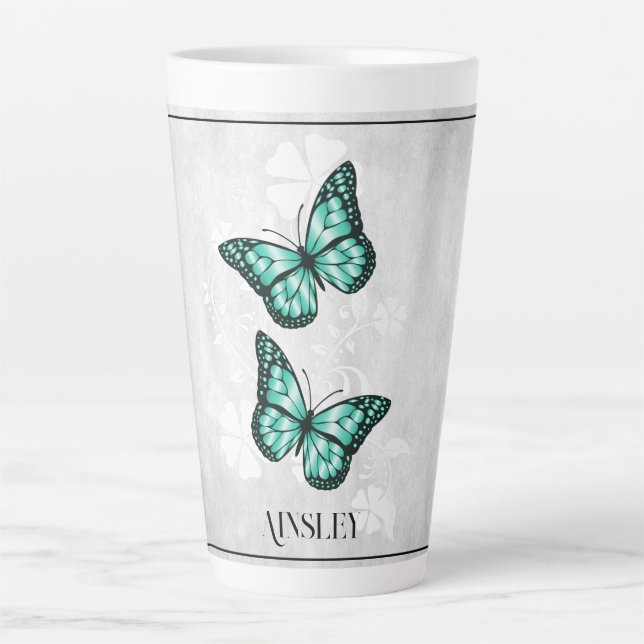 Aquamarine Butterfly Floral Personalisiert Latte T Milchtasse (Vorderseite)