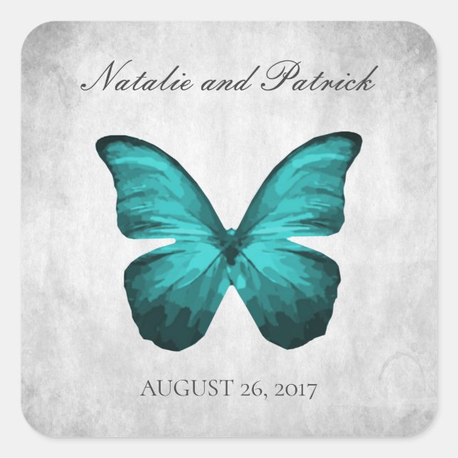 Aquamarine Butterfly-Hochzeitsticker Quadratischer Aufkleber (Vorderseite)