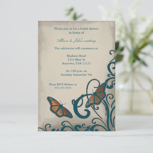 Aquamarine Butterfly Swirl Bridal Dusche Einladung (Stehend Vorderseite)
