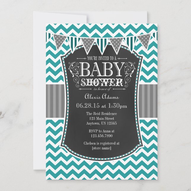 Aquamarine Chalkboard Zickzack Babydusche Einladun Einladung (Vorderseite)