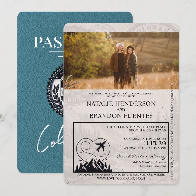 Aquamarine Colorado Passport Hochzeit Einladung (Vorne/Hinten)