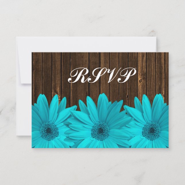 Aquamarine Daisy Barn Wood Wedding RSVP Response C (Vorderseite)