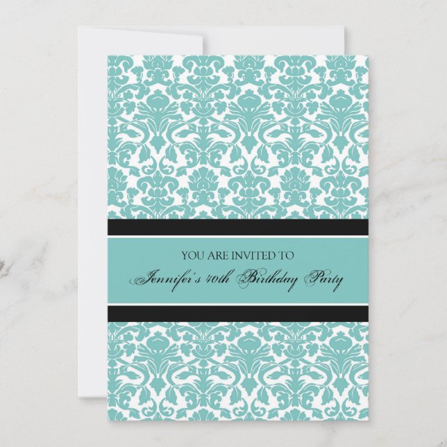 Aquamarine Damask 40. Geburtstag Party Einladungen (Vorderseite)