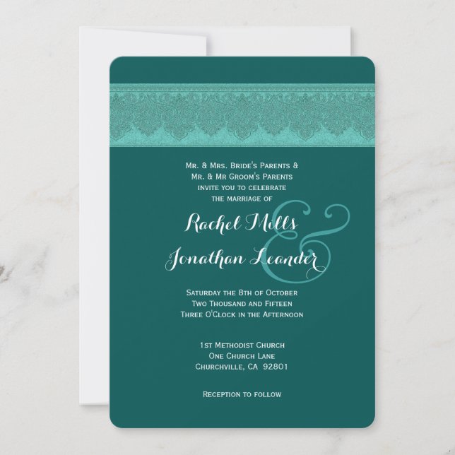 AQUAMARINE Damask-Hochzeitsvorlage V16 Einladung (Vorderseite)