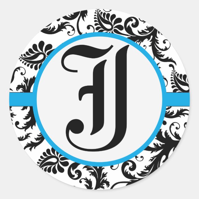 Aquamarine Damask Monogram Wedding Stickers (Vorderseite)