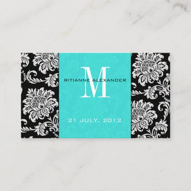 Aquamarine Damask Wedding Website Visitenkarte Begleitkarte (Vorderseite)