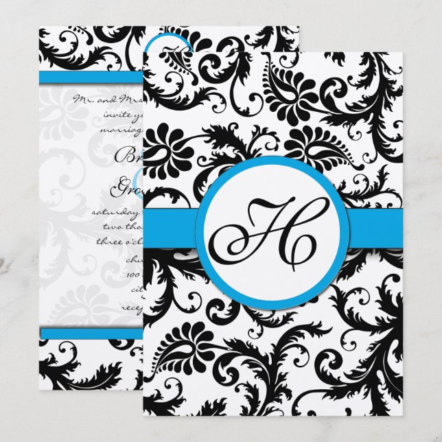 Aquamarine Damask Wirbel Hochzeit Einladung (Vorne/Hinten)