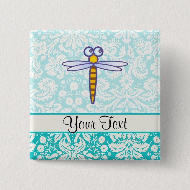 Aquamarine Damast-Muster-Libelle Button (Vorderseite)
