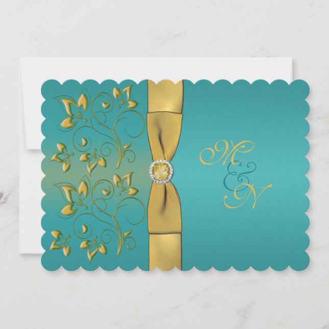Aquamarine das DRUCKband, Goldblumenmonogramm Einladung (Vorderseite)